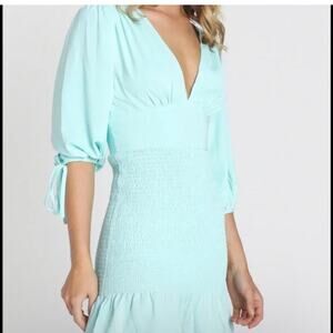 Vestique aqua mint Green plunge mini dress Sundress Tie Sleeves NEW Size Large